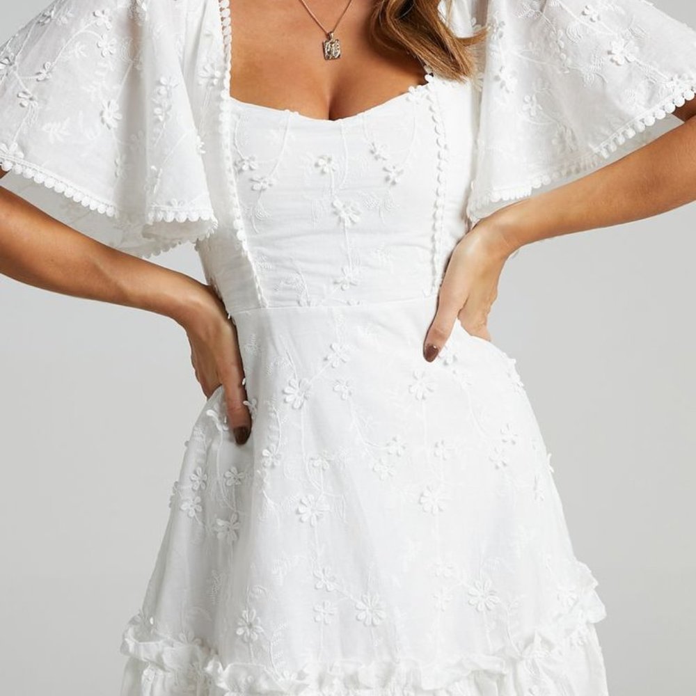Showpo Fancy A Spritz Square Neck Mini Dress in White Embroidery